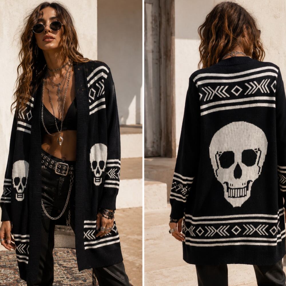 Karma Blue Black Skull Open Front Cardigan Medium M Aztec Knit Goth